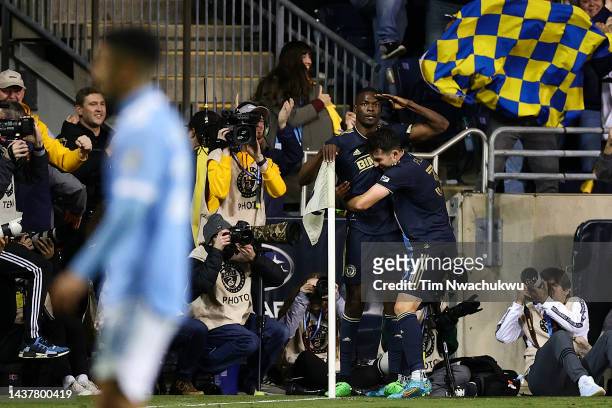 Cory Burke and Leon Flach of Philadelphia Union celebrate a goal by Burke during the second half against New York City FC at Subaru Park on October...