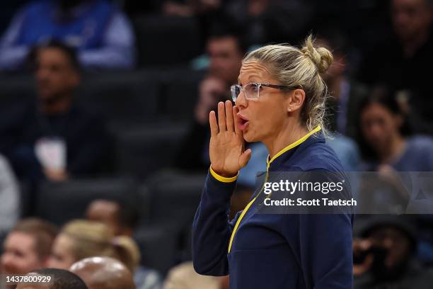 Assistant coach Jenny Boucek of the Indiana Pacers reacts to a play against the Washington Wizards during the first half at Capital One Arena on...