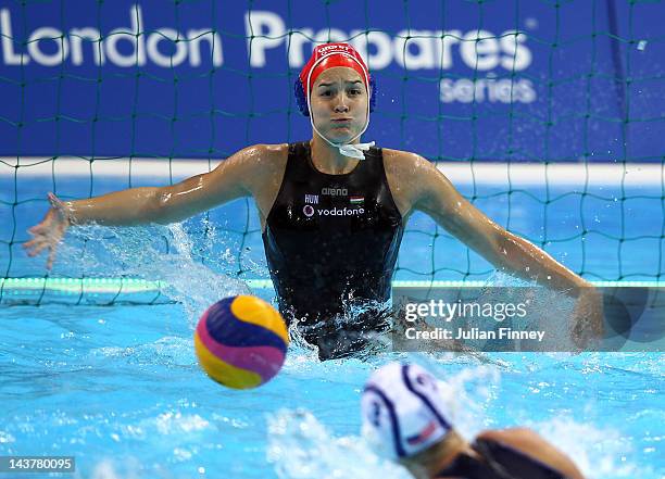 Goalkeeper of Hungary, Orsolya Kaso makes a save during the preliminary round match between USA and Hungary during the Visa Water Polo International...