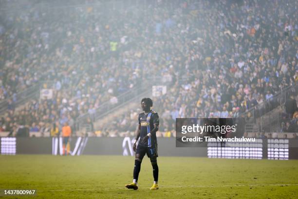 Olivier Mbaizo of Philadelphia Union looks on during the second half against New York City FC at Subaru Park on October 30, 2022 in Chester,...