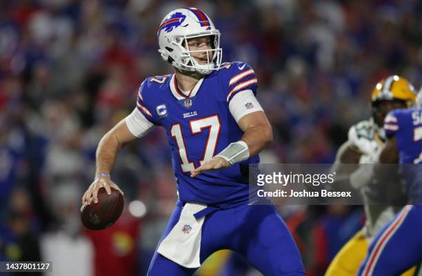 Josh Allen of the Buffalo Bills throws a pass during the fourth quarter against the Green Bay Packers at Highmark Stadium on October 30, 2022 in...