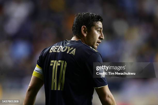 Alejandro Bedoya of Philadelphia Union looks on during the first half against New York City FC at Subaru Park on October 30, 2022 in Chester,...