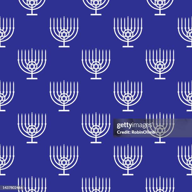 blue menorahs seamless pattern - repetitive motion injury stock illustrations
