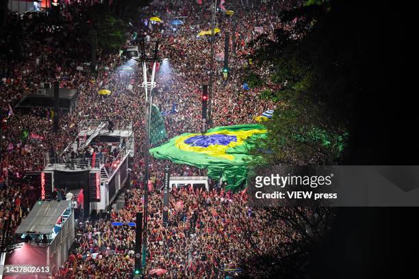Supporters of Brazilian President-elect Luiz Inacio Lula da Silva celebrate his victory at Paulista Avenue during the presidential run-off election...