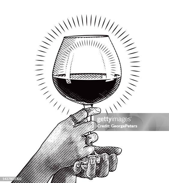 hands holding glass of wine, cut out on white background - one mid adult woman only stock illustrations