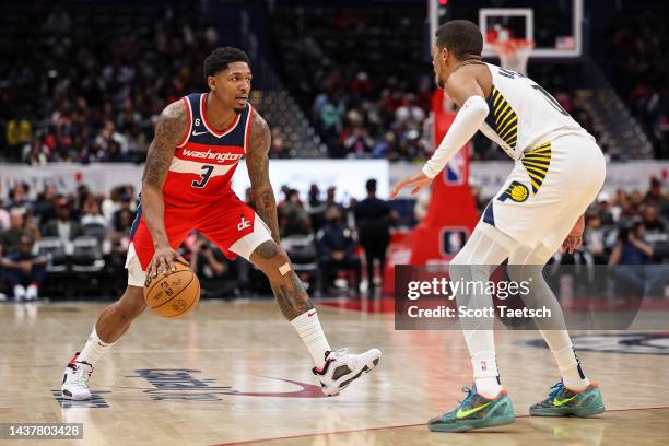 Bradley Beal of the Washington Wizards handles the ball against Tyrese Haliburton of the Indiana Pacers during the second half at Capital One Arena...