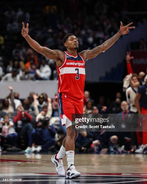 Bradley Beal of the Washington Wizards reacts to a play against the Indiana Pacers during the second half at Capital One Arena on October 28, 2022 in...