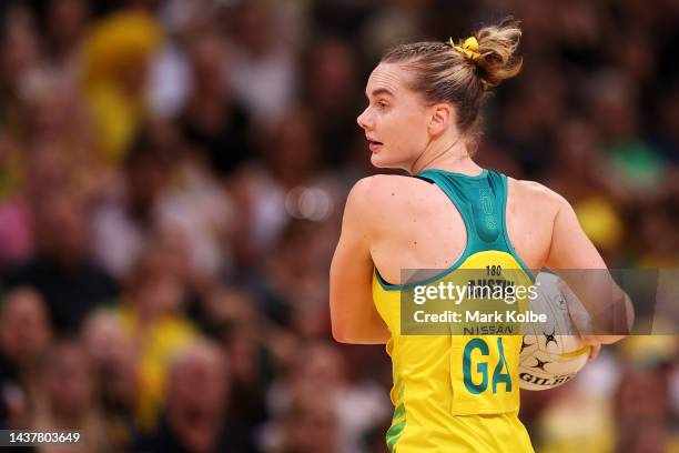 Kira Austin of Australia looks to pass during game two of the International Test series between the Australia Diamonds and the England Roses at Qudos...