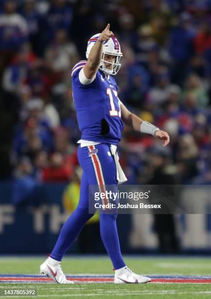 Josh Allen of the Buffalo Bills reacts after a first down during the fourth quarter against the Green Bay Packers at Highmark Stadium on October 30,...