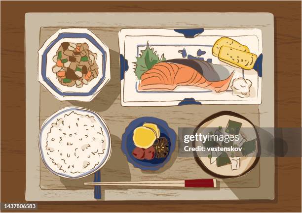 vector illustration sketch style japanese salmon fish meal set with soup and rice - hong kong restaurant stock illustrations