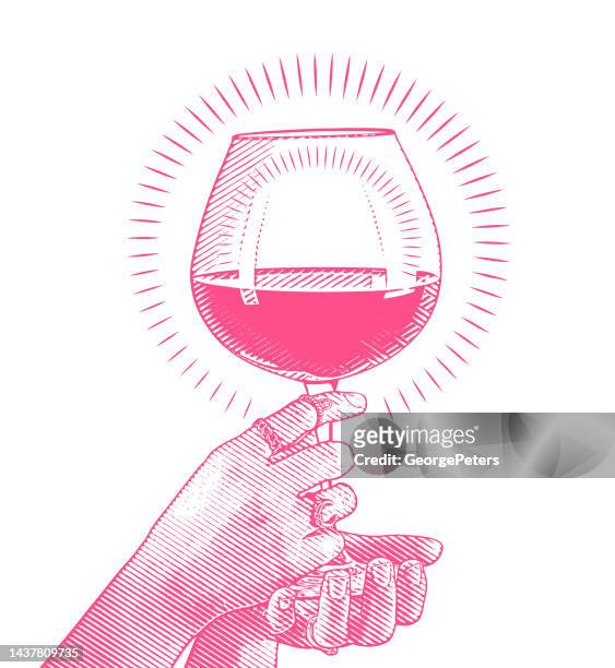 hands holding glass of rosé wine - one mid adult woman only stock illustrations