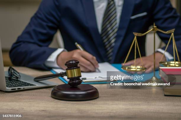 judge gavel with justice lawyers, businesswoman in suit or lawyer, advice and legal services concept. - woman judge stock pictures, royalty-free photos & images