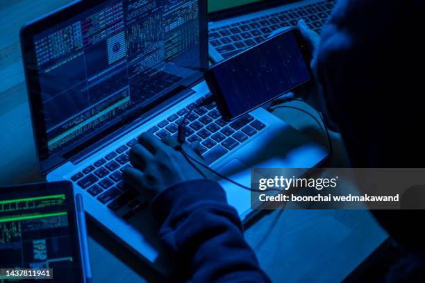 wanted hackers coding virus ransomware using laptops and computers. cyber attack, system breaking and malware concept. - data breach stock pictures, royalty-free photos & images