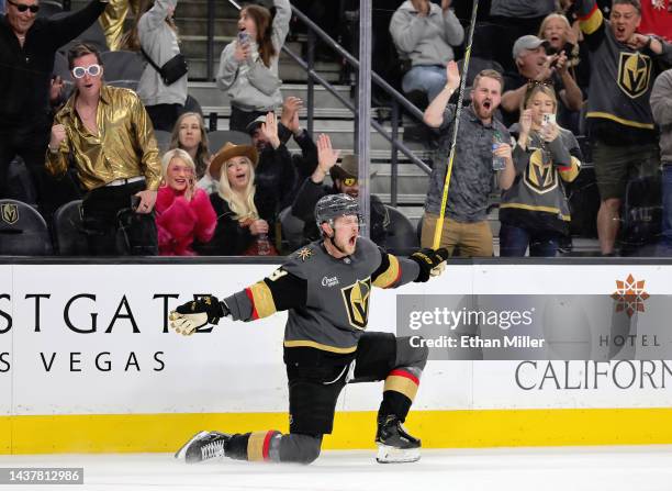 Jack Eichel of the Vegas Golden Knights celebrates after scoring a goal against the Winnipeg Jets with seven seconds left in overtime to win the game...