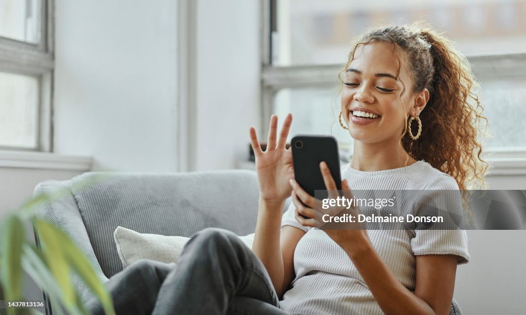 Happy, phone and woman on social media for a meme, funny entertainment and trending viral content online at home. Relaxing, smile and young girl on a networking app laughing at comedy or comic post