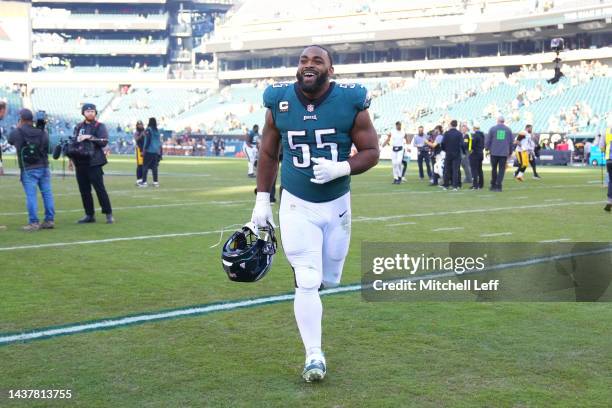 Brandon Graham of the Philadelphia Eagles reacts after the game against the Pittsburgh Steelers at Lincoln Financial Field on October 30, 2022 in...