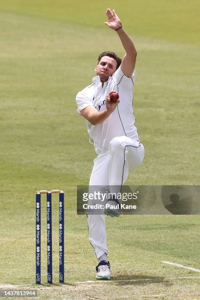 Jhye Richardson of Western Australia bowls during the Sheffield Shield match between Western Australia and Queensland at the WACA, on October 31 in...