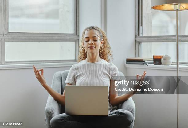 laptop, meditation and relax with a business woman finding her zen while working in the office alone. yoga, computer and wellness with a female employee finding peace or calm while at work online - staff wellbeing stock pictures, royalty-free photos & images