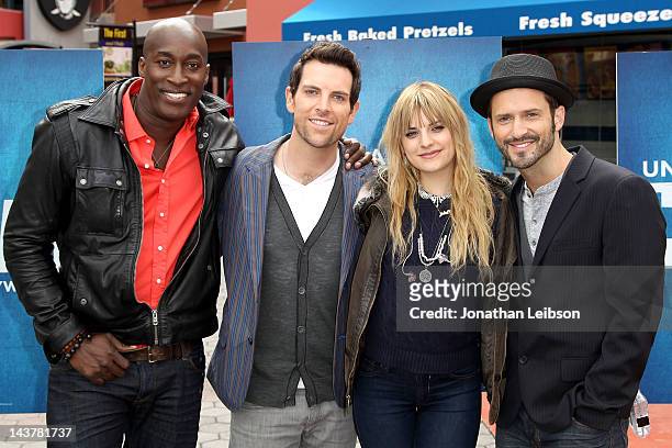 Jermaine Paul, Chris Mann, Juliet Simms and Tony Lucca attend NBC's "The Voice" Final 4 Artists Concert at 5 Towers Outdoor Concert Arena on May 3,...