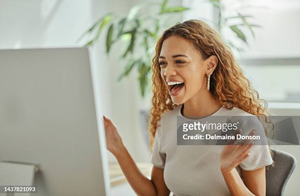 excited, black woman and celebrate with computer, happy or smile for positive results, remote work and home. female entrepreneur, young girl and approved loan for startup company, proud or confident - business people cheering stockfoto's en -beelden