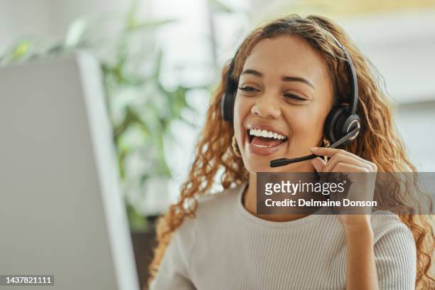 customer service, happy and communication of woman at call center pc talking with joyful smile. consultant, advice and help desk girl speaking with clients online with computer headset mic. - customer service representative stock pictures, royalty-free photos & images