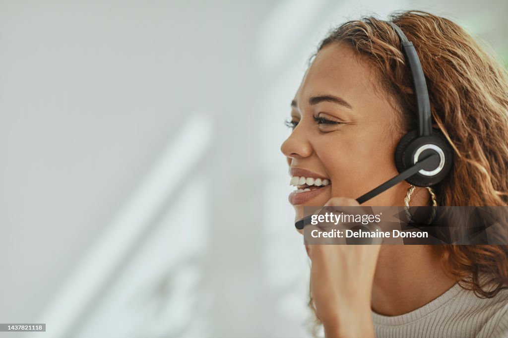 Call center, customer service and telemarketing with a black woman consultant working with a headset in her office. Crm, contact us and sales with a female consulting for help, assistance or support