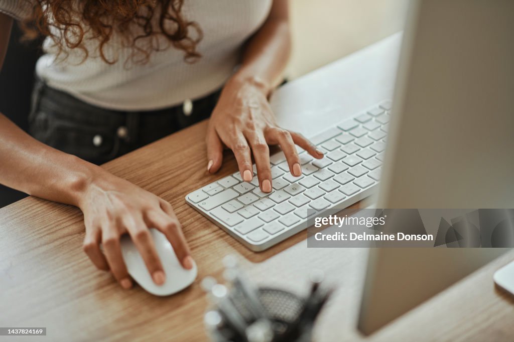 Business woman hands, computer mouse and keyboard typing email, online internet search and digital marketing at office table. Closeup research worker at desktop pc, technology and website connection
