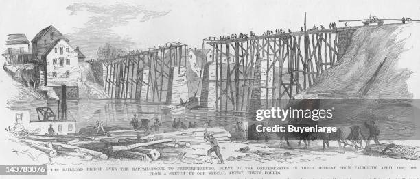 Rebuilding Rappahannock Bridge on the way to Fredericksburg, Rappahannock County, Virginia, April 19, 1862. From an issue of Frank Leslie's...