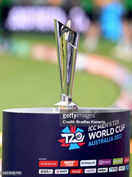 The ICC Men's T20 World Cup trophy is seen during the ICC Men's T20 World Cup match between Australia and Ireland at The Gabba on October 31, 2022 in...