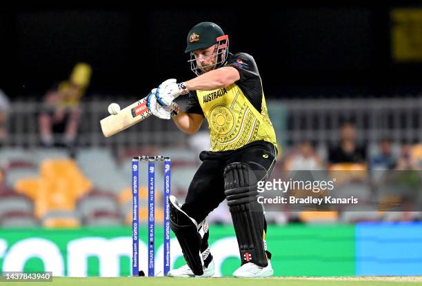Aaron Finch of Australia plays a shot during the ICC Men's T20 World Cup match between Australia and Ireland at The Gabba on October 31, 2022 in...