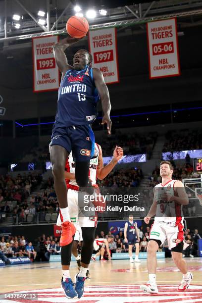 Makuach Maluach of United dunks during the round five NBL match between Melbourne United and Perth Wildcats at John Cain Arena, on October 31 in...