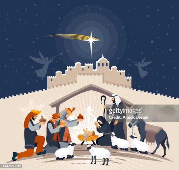 ilustraciones, imágenes clip art, dibujos animados e iconos de stock de noche de navidad. nacimiento de jesús. tres reyes magos. - jesus riding on a donkey