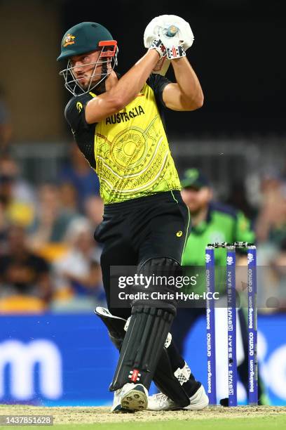 Marcus Stoinis of Australia bats during the ICC Men's T20 World Cup match between Australia and Ireland at The Gabba on October 31, 2022 in Brisbane,...