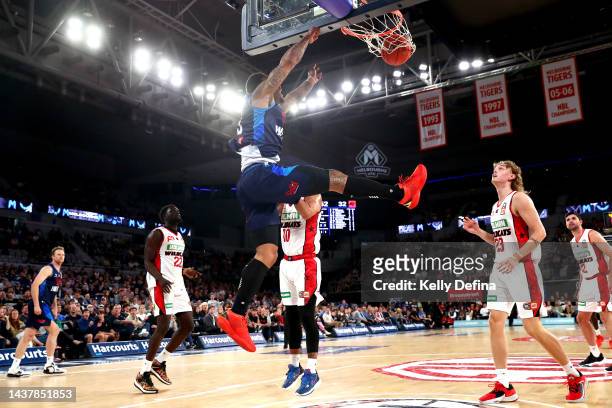 Rayjon Tucker of United dunks during the round five NBL match between Melbourne United and Perth Wildcats at John Cain Arena, on October 31 in...
