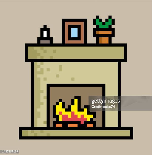 fireplace pixel style - photo frame on mantle piece stock illustrations