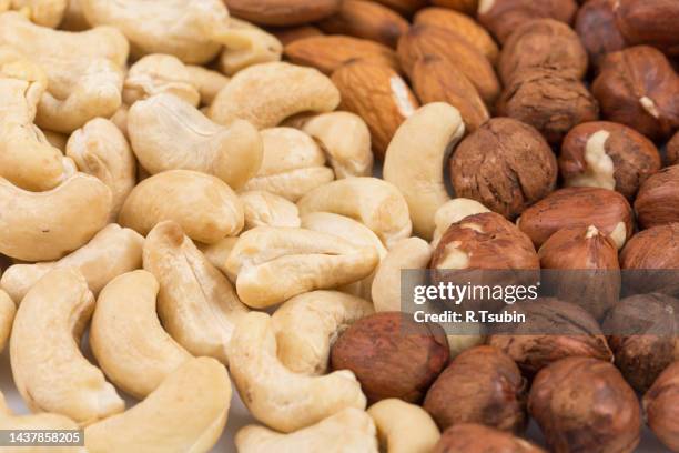 background from various kinds of nuts (almond, hazelnut, cashew) - almond plant stock pictures, royalty-free photos & images