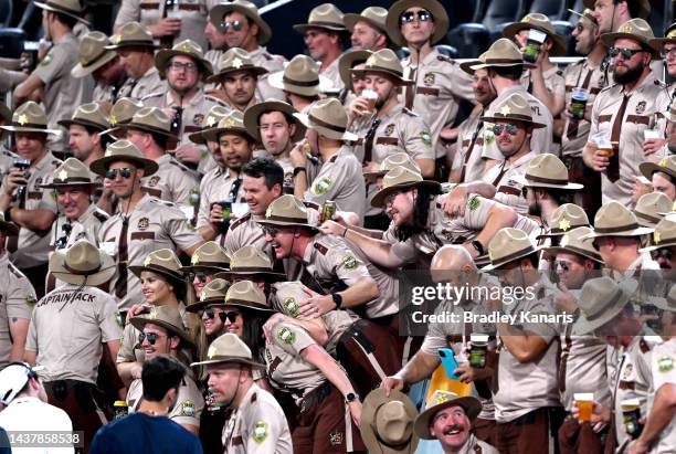 Fans dressed up as Sheriffs are seen during the ICC Men's T20 World Cup match between Australia and Ireland at The Gabba on October 31, 2022 in...