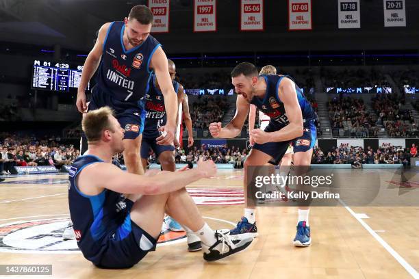 Chris Goulding of United and Brad Newley of United react during the round five NBL match between Melbourne United and Perth Wildcats at John Cain...