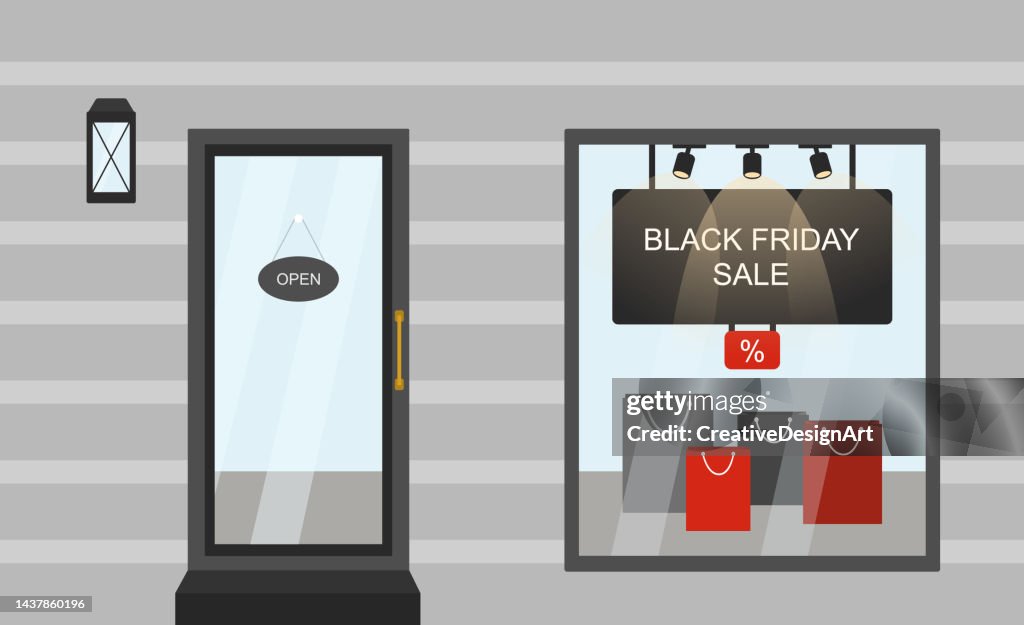 Exterior De La Tienda Con Texto De Venta De Black Friday Y Cartel De Descuento Colgando. Bolsas de compras exhibidas en exhibición