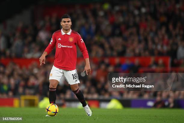 Casemiro of Manchester United in action during the Premier League match between Manchester United and West Ham United at Old Trafford on October 30,...