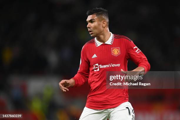 Casemiro of Manchester United in action during the Premier League match between Manchester United and West Ham United at Old Trafford on October 30,...