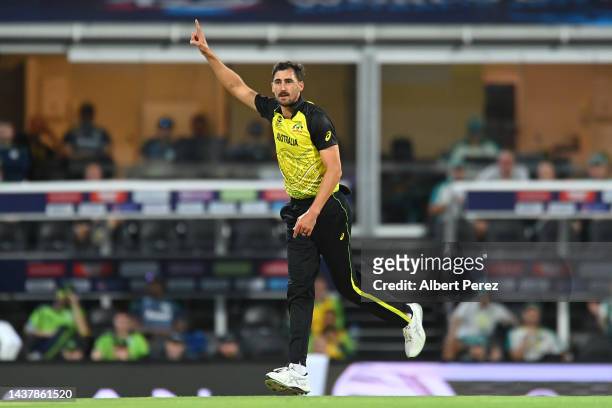 Mitchell Starc of Australia celebrates dismissing i5 during the ICC Men's T20 World Cup match between Australia and Ireland at The Gabba on October...