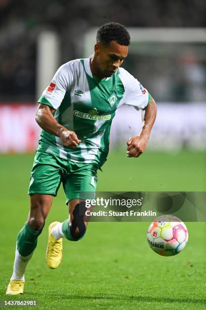 Felix Agu of Bremen in actduring the Bundesliga match between SV Werder Bremen and Hertha BSC at Wohninvest Weserstadion on October 28, 2022 in...