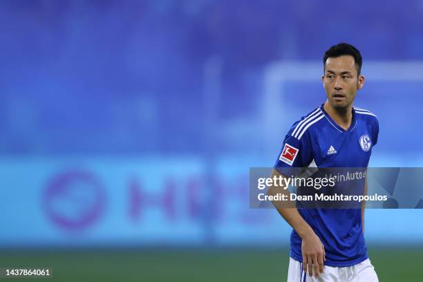 Maya Yoshida of Schalke in action during the Bundesliga match between FC Schalke 04 and Sport-Club Freiburg at Veltins-Arena on October 30, 2022 in...