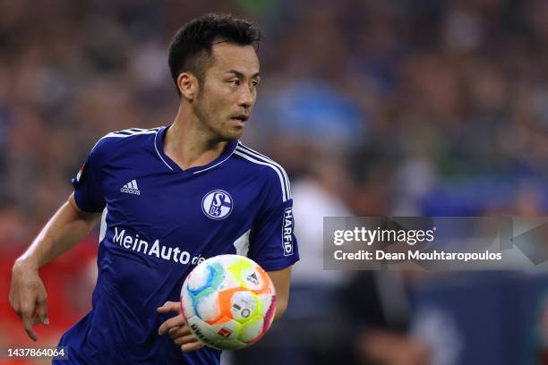 Maya Yoshida of Schalke in action during the Bundesliga match between FC Schalke 04 and Sport-Club Freiburg at Veltins-Arena on October 30, 2022 in...