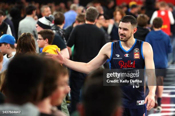 Chris Goulding of United thanks supporters during the round five NBL match between Melbourne United and Perth Wildcats at John Cain Arena, on October...