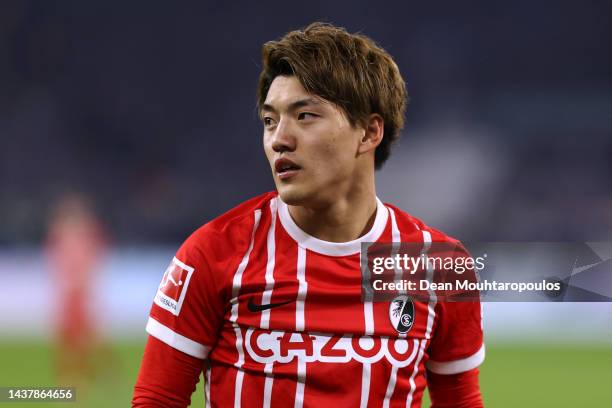 Ritsu Doan of SC Freiburg in action during the Bundesliga match between FC Schalke 04 and Sport-Club Freiburg at Veltins-Arena on October 30, 2022 in...