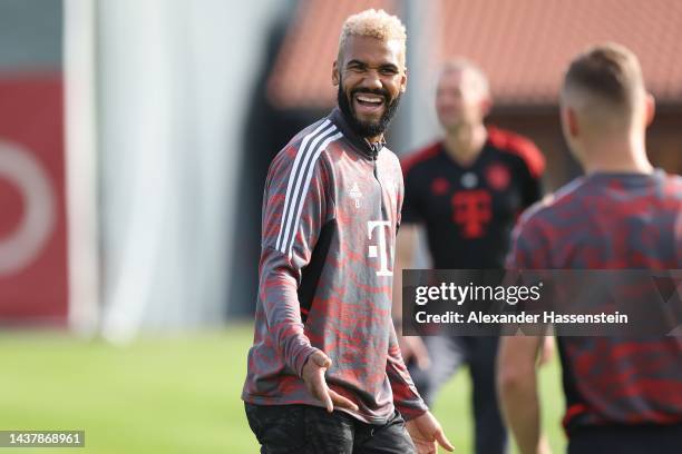 Eric Maxim Choupo-Moting of FC Bayern München reacts during a training session at Saebener Strasse training ground ahead of their UEFA Champions...