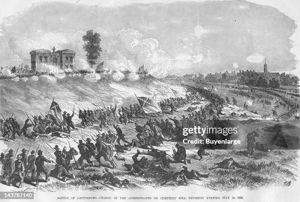 Battle of Gettysburg at Cemetery Hill, Gettysburg, Pennsylvania, July 2, 1863. From an issue of Frank Leslie's Illustrated Almanac.