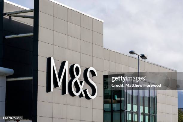 Close-up of a Marks and Spencer store sign on October 24, 2022 in Merthyr Tydfil, Wales.